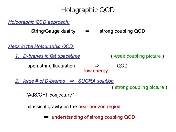 Holographic QCD approach: String/Gauge duality ⇒ strong coupling QCD steps in the Holographic QCD: