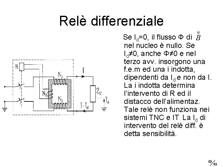 Relè differenziale Se Id=0, il flusso Φ di nel nucleo è nullo. Se Id≠