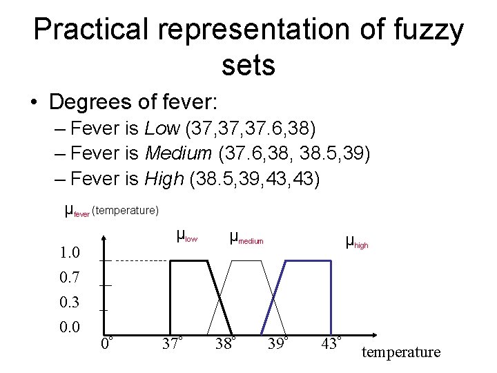 Practical representation of fuzzy sets • Degrees of fever: – Fever is Low (37,