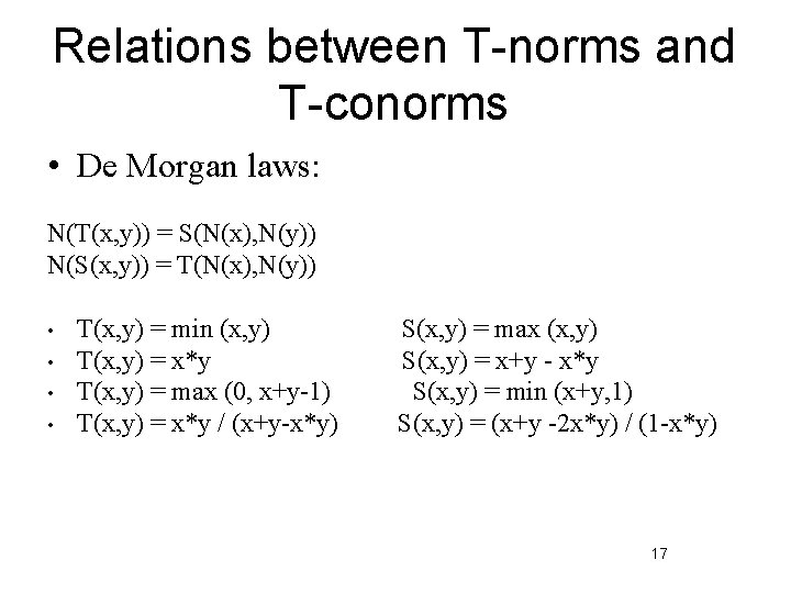 Relations between T-norms and T-conorms • De Morgan laws: N(T(x, y)) = S(N(x), N(y))