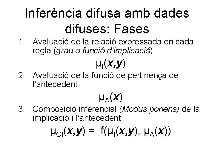 Inferència difusa amb dades difuses: Fases 1. Avaluació de la relació expressada en cada