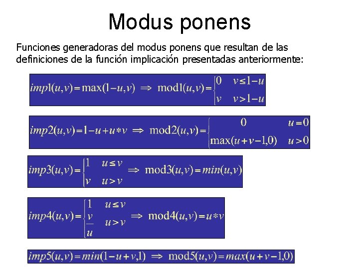 Modus ponens Funciones generadoras del modus ponens que resultan de las definiciones de la