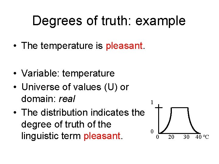 Degrees of truth: example • The temperature is pleasant. • Variable: temperature • Universe