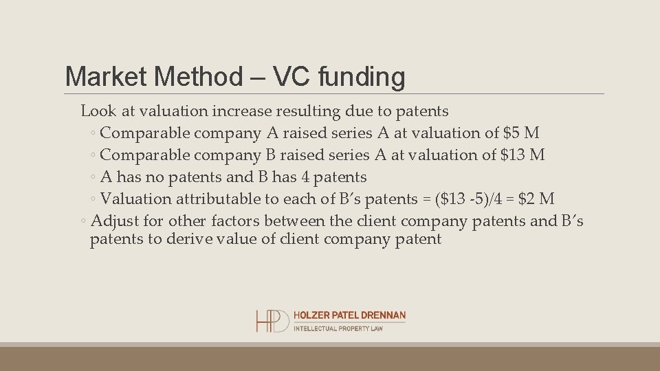 Market Method – VC funding Look at valuation increase resulting due to patents ◦