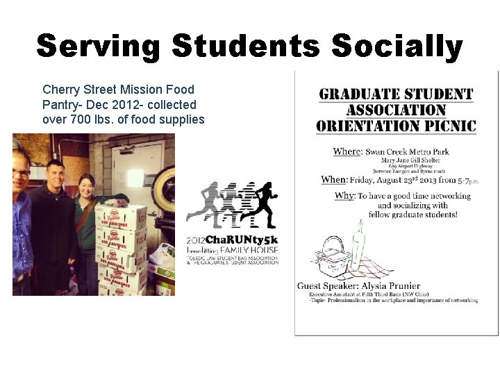 Serving Students Socially Cherry Street Mission Food Pantry- Dec 2012 - collected over 700