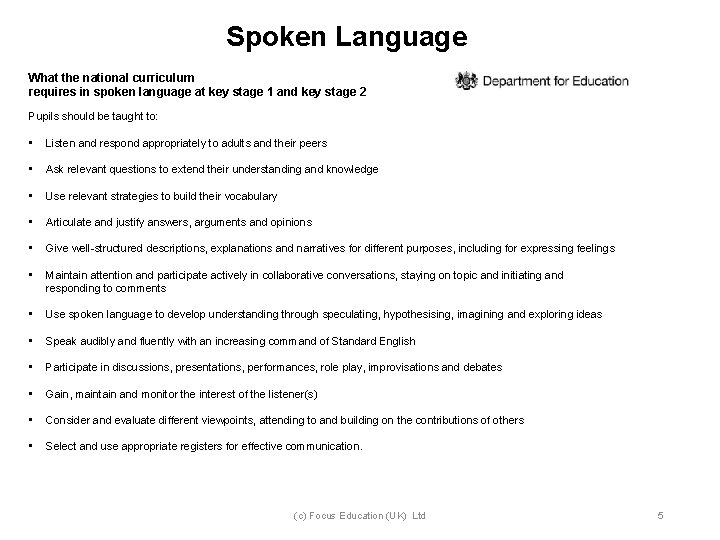 Spoken Language What the national curriculum requires in spoken language at key stage 1