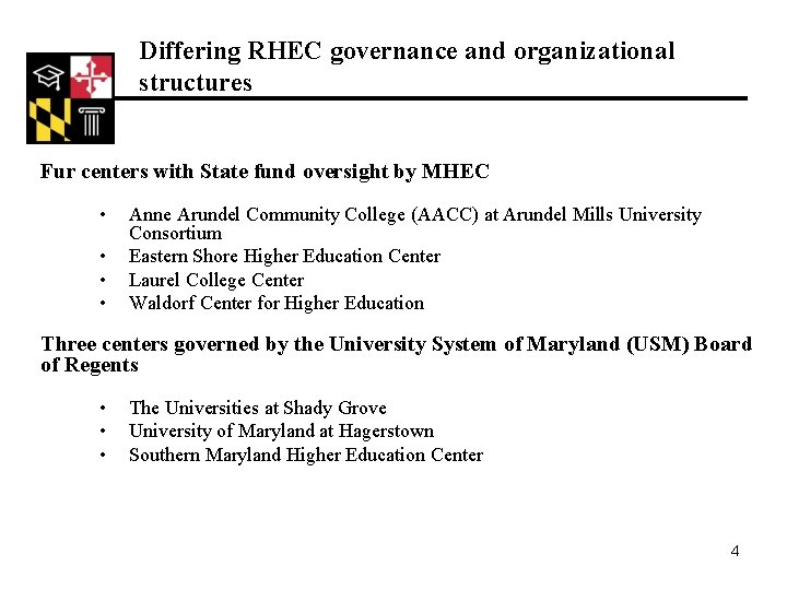 Differing RHEC governance and organizational structures Fur centers with State fund oversight by MHEC