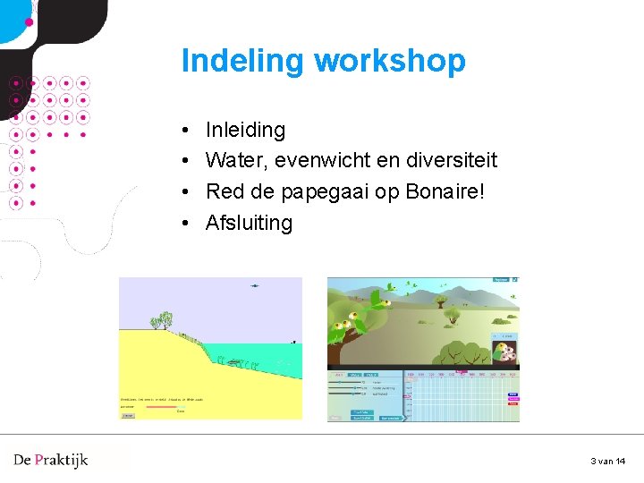 Indeling workshop • • Inleiding Water, evenwicht en diversiteit Red de papegaai op Bonaire!