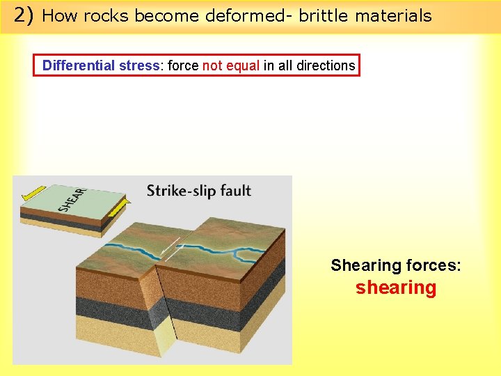 2) How rocks become deformed- brittle materials Differential stress: force not equal in all