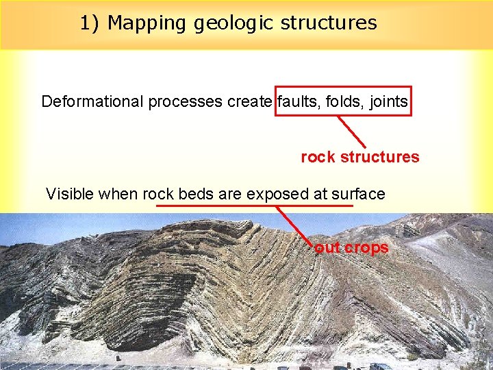 1) Mapping geologic structures Deformational processes create faults, folds, joints rock structures Visible when