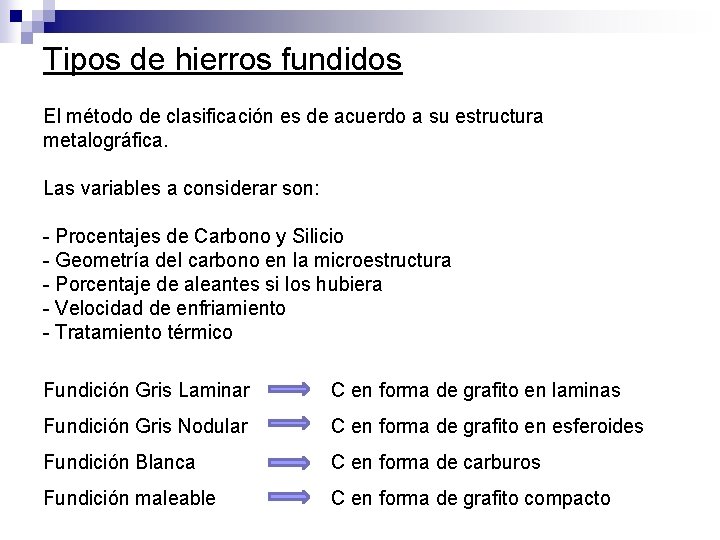 Tipos de hierros fundidos El método de clasificación es de acuerdo a su estructura