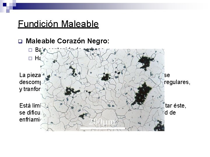 Fundición Maleable q Maleable Corazón Negro: Bajo contenido de carbono ¨ Hasta 36 horas