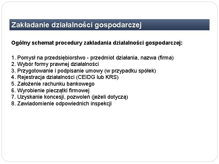 Zakładanie działalności gospodarczej Ogólny schemat procedury zakładania działalności gospodarczej: 1. Pomysł na przedsiębiorstwo -