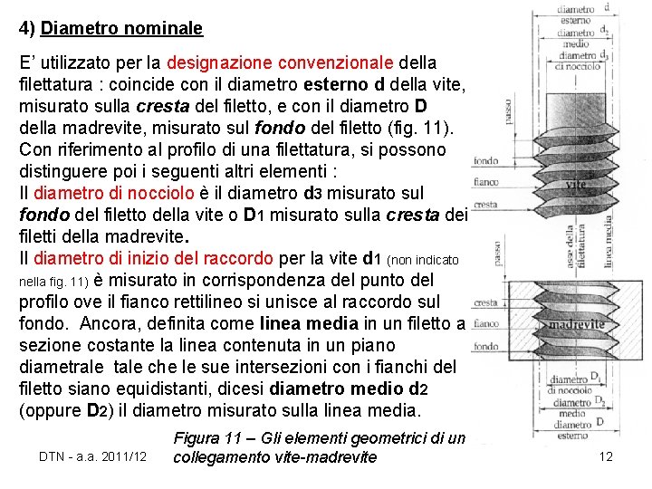 4) Diametro nominale E’ utilizzato per la designazione convenzionale della filettatura : coincide con