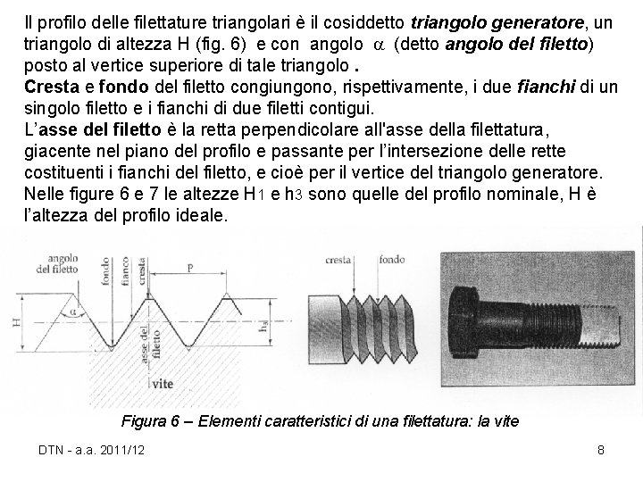 Il profilo delle filettature triangolari è il cosiddetto triangolo generatore, un triangolo di altezza