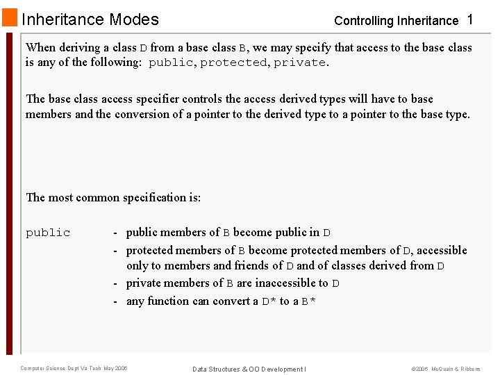 Inheritance Modes Controlling Inheritance 1 When deriving a class D from a base class