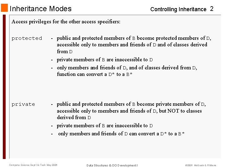 Inheritance Modes Controlling Inheritance 2 Access privileges for the other access specifiers: protected -