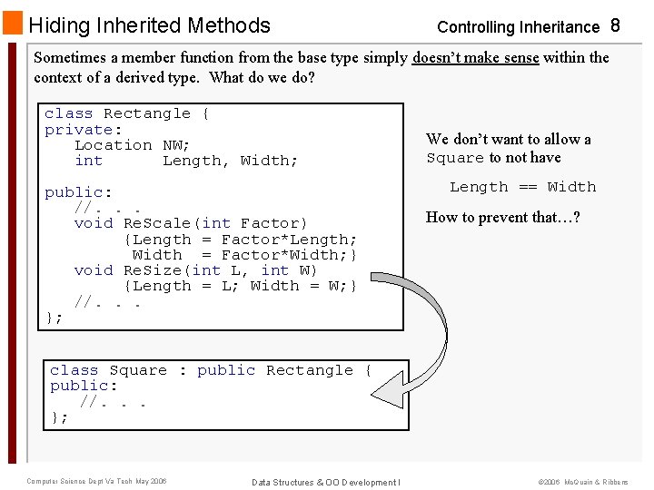 Hiding Inherited Methods Controlling Inheritance 8 Sometimes a member function from the base type