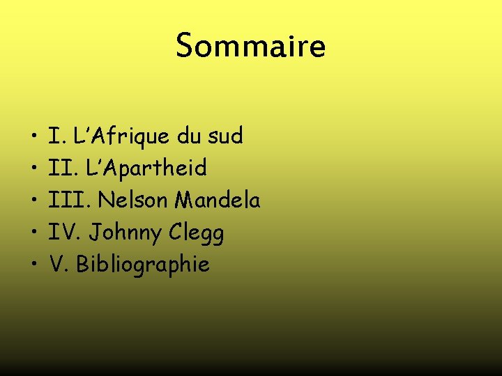 Sommaire • • • I. L’Afrique du sud II. L’Apartheid III. Nelson Mandela IV.