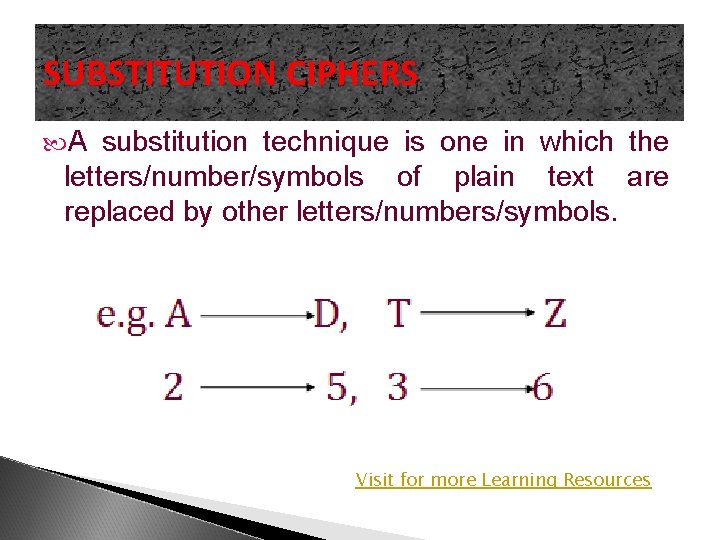 SUBSTITUTION CIPHERS A substitution technique is one in which the letters/number/symbols of plain text