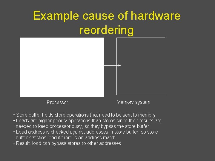 Example cause of hardware reordering Load bypassing Store buffer Processor Memory system • Store