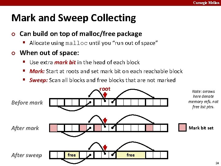 Carnegie Mellon Mark and Sweep Collecting ¢ Can build on top of malloc/free package