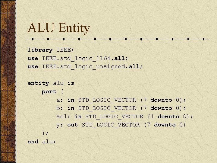 ALU Entity library IEEE; use IEEE. std_logic_1164. all; use IEEE. std_logic_unsigned. all; entity alu