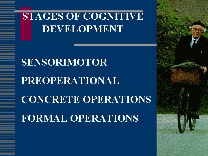 STAGES OF COGNITIVE DEVELOPMENT SENSORIMOTOR PREOPERATIONAL CONCRETE OPERATIONS FORMAL OPERATIONS 