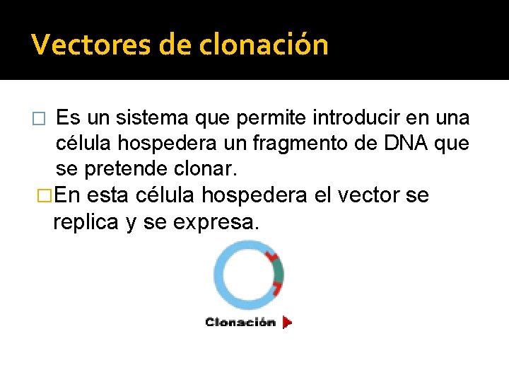 Vectores de clonación � Es un sistema que permite introducir en una célula hospedera