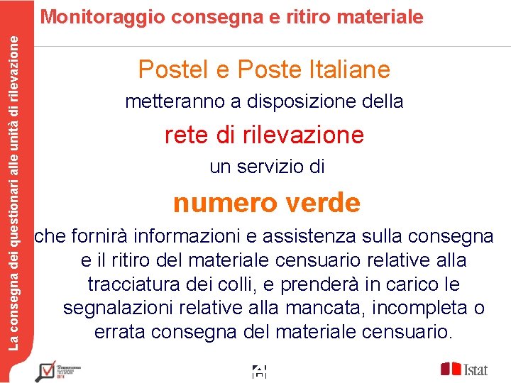 La consegna dei questionari alle unità di rilevazione Monitoraggio consegna e ritiro materiale Postel