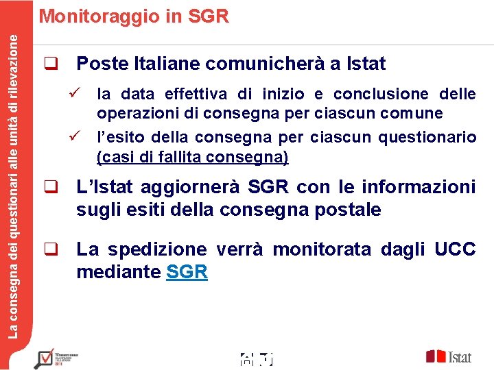 La consegna dei questionari alle unità di rilevazione Monitoraggio in SGR q Poste Italiane