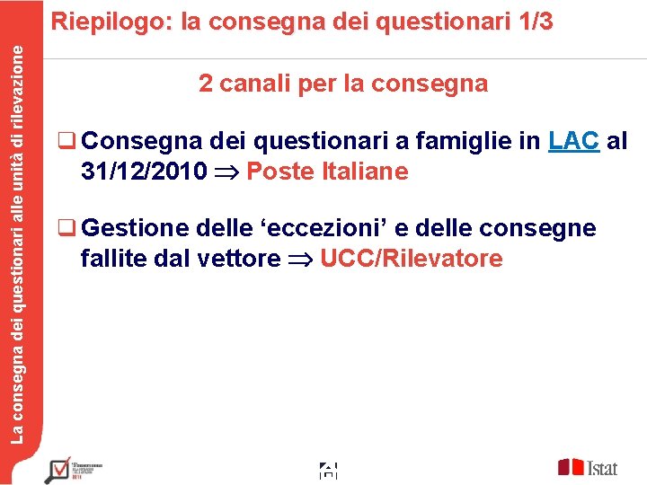 La consegna dei questionari alle unità di rilevazione Riepilogo: la consegna dei questionari 1/3