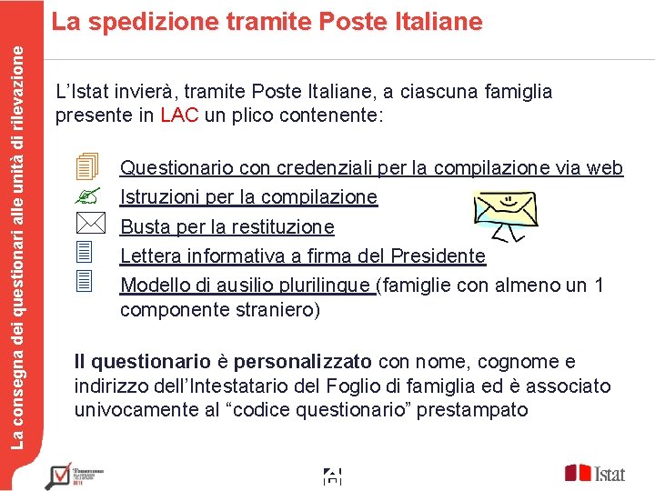 La consegna dei questionari alle unità di rilevazione La spedizione tramite Poste Italiane L’Istat