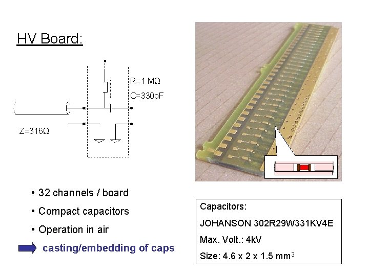 HV Board: R=1 MΩ C=330 p. F Z=316Ω • 32 channels / board •