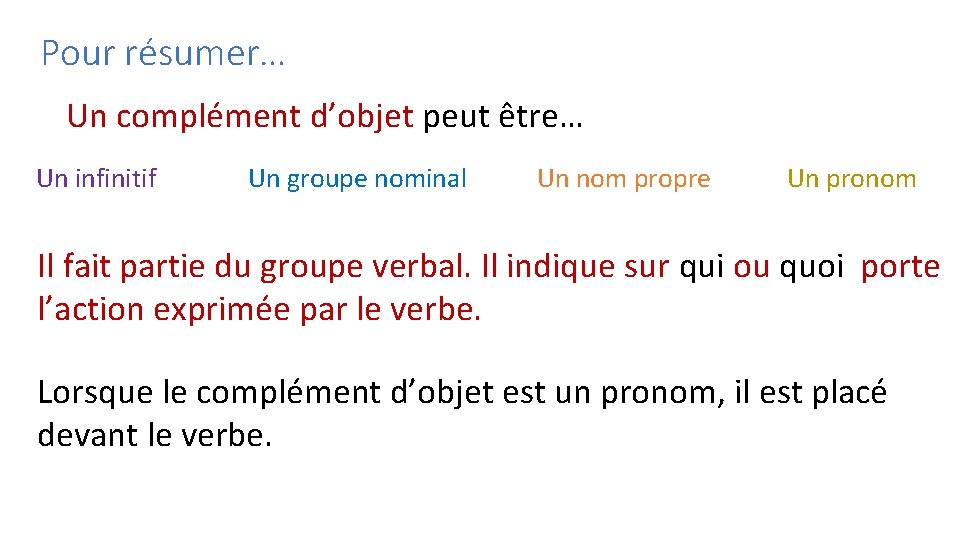 Pour résumer… Un complément d’objet peut être… Un infinitif Un groupe nominal Un nom