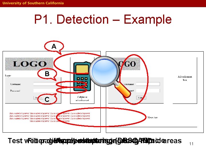 P 1. Detection – Example A B C Apply clustering (DBSCAN) Oracleareas Test web P 1. Detection – Example A B C Apply clustering (DBSCAN) Oracleareas Test web
