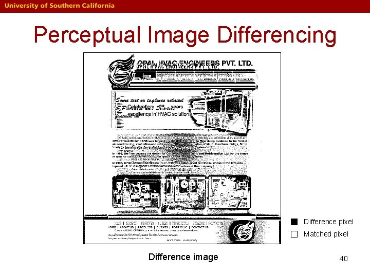 Perceptual Image Differencing Difference pixel Matched pixel Difference image 40 Perceptual Image Differencing Difference pixel Matched pixel Difference image 40