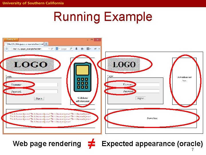 Running Example Web page rendering ≠ Expected appearance (oracle) 7 Running Example Web page rendering ≠ Expected appearance (oracle) 7