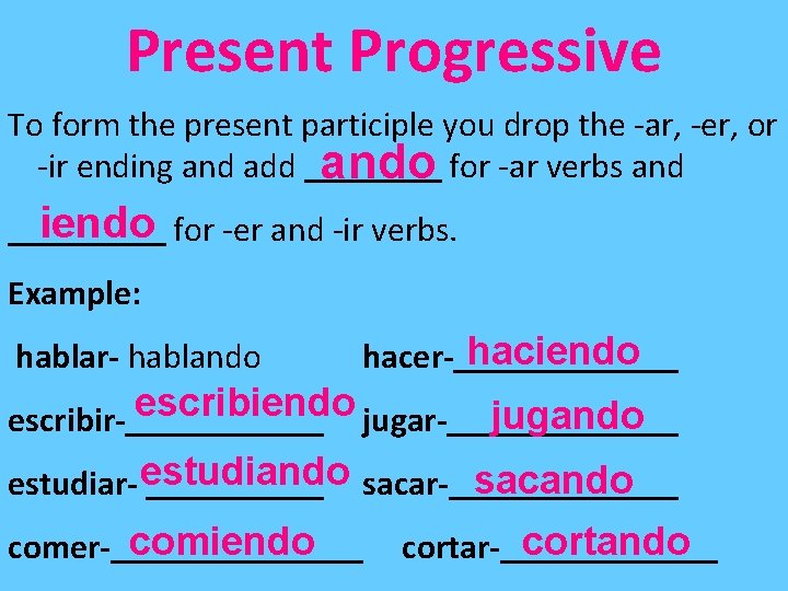 Present Progressive To form the present participle you drop the -ar, -er, or -ir