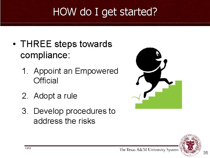 HOW do I get started? • THREE steps towards compliance: 1. Appoint an Empowered