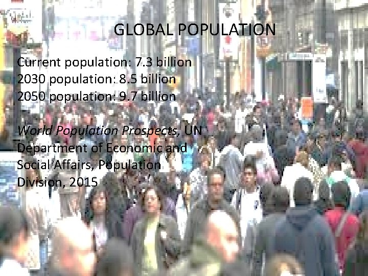 GLOBAL POPULATION Current population: 7. 3 billion 2030 population: 8. 5 billion 2050 population: