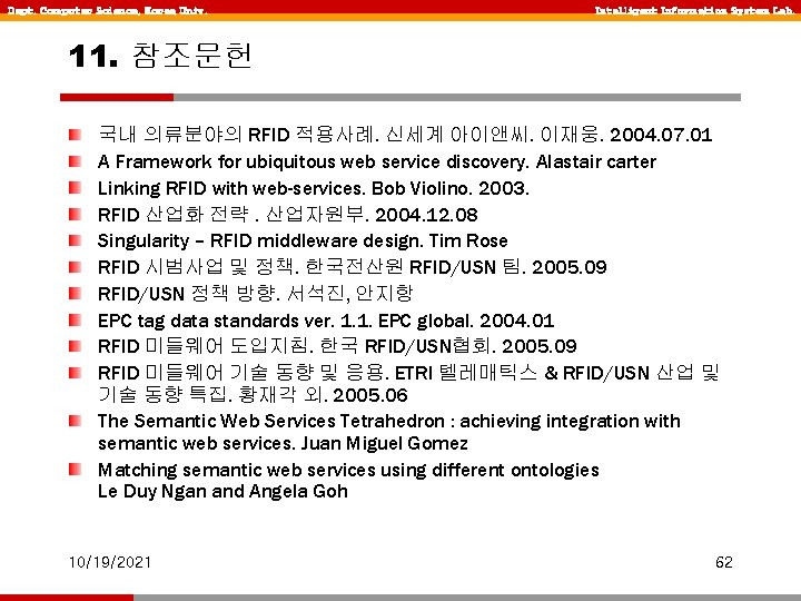 Dept. Computer Science, Korea Univ. Intelligent Information System Lab. 11. 참조문헌 국내 의류분야의 RFID