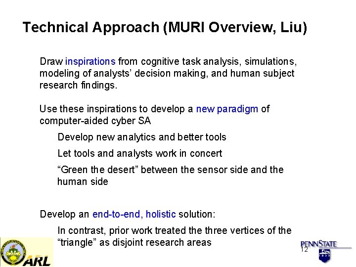 Technical Approach (MURI Overview, Liu) Draw inspirations from cognitive task analysis, simulations, modeling of