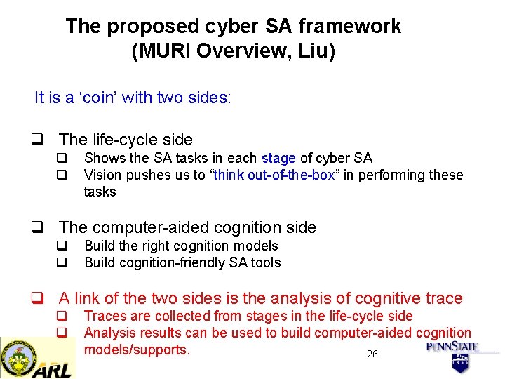 The proposed cyber SA framework (MURI Overview, Liu) It is a ‘coin’ with two