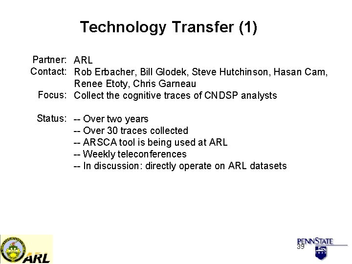 Technology Transfer (1) Partner: ARL Contact: Rob Erbacher, Bill Glodek, Steve Hutchinson, Hasan Cam,