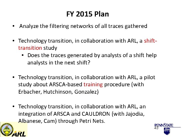 FY 2015 Plan • Analyze the filtering networks of all traces gathered • Technology