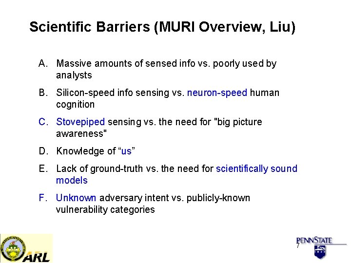 Scientific Barriers (MURI Overview, Liu) A. Massive amounts of sensed info vs. poorly used