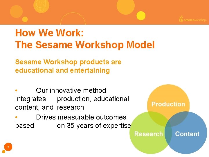How We Work: The Sesame Workshop Model Sesame Workshop products are educational and entertaining