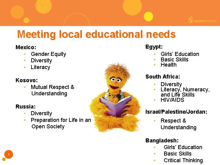 Meeting local educational needs Mexico: • Gender Equity • Diversity • Literacy Egypt: •