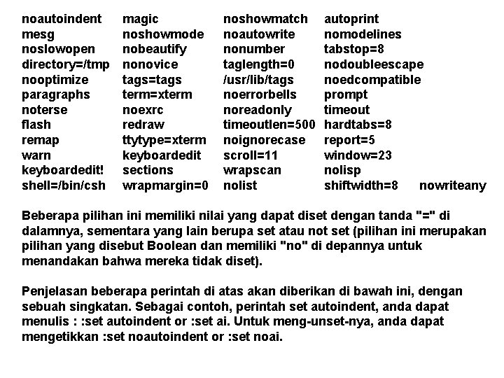 noautoindent mesg noslowopen directory=/tmp nooptimize paragraphs noterse flash remap warn keyboardedit! shell=/bin/csh magic noshowmode